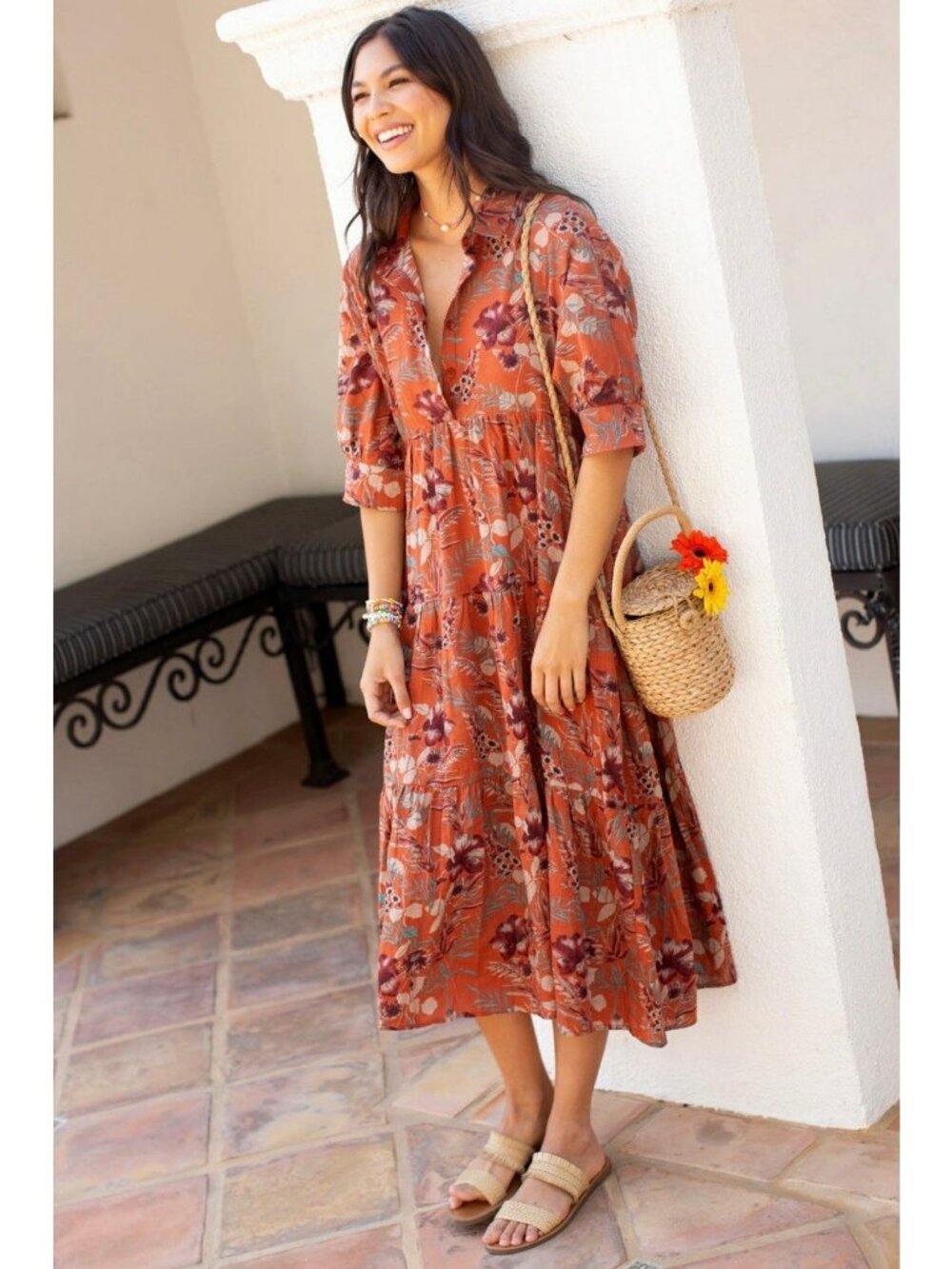 NWT Natural Life Floral Tiered Midi Dress Button Front Boho Women's Large Orange